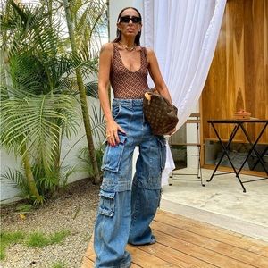 🆕ZARA HIGH-WAISTED ZW CARGO JEANS MEDIUM BLUE